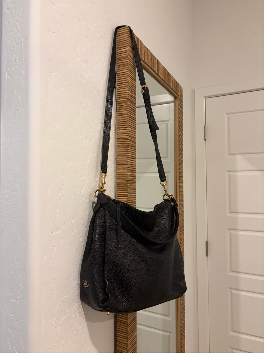 Large Coach Black Leather Crossbody with Gold Hardware